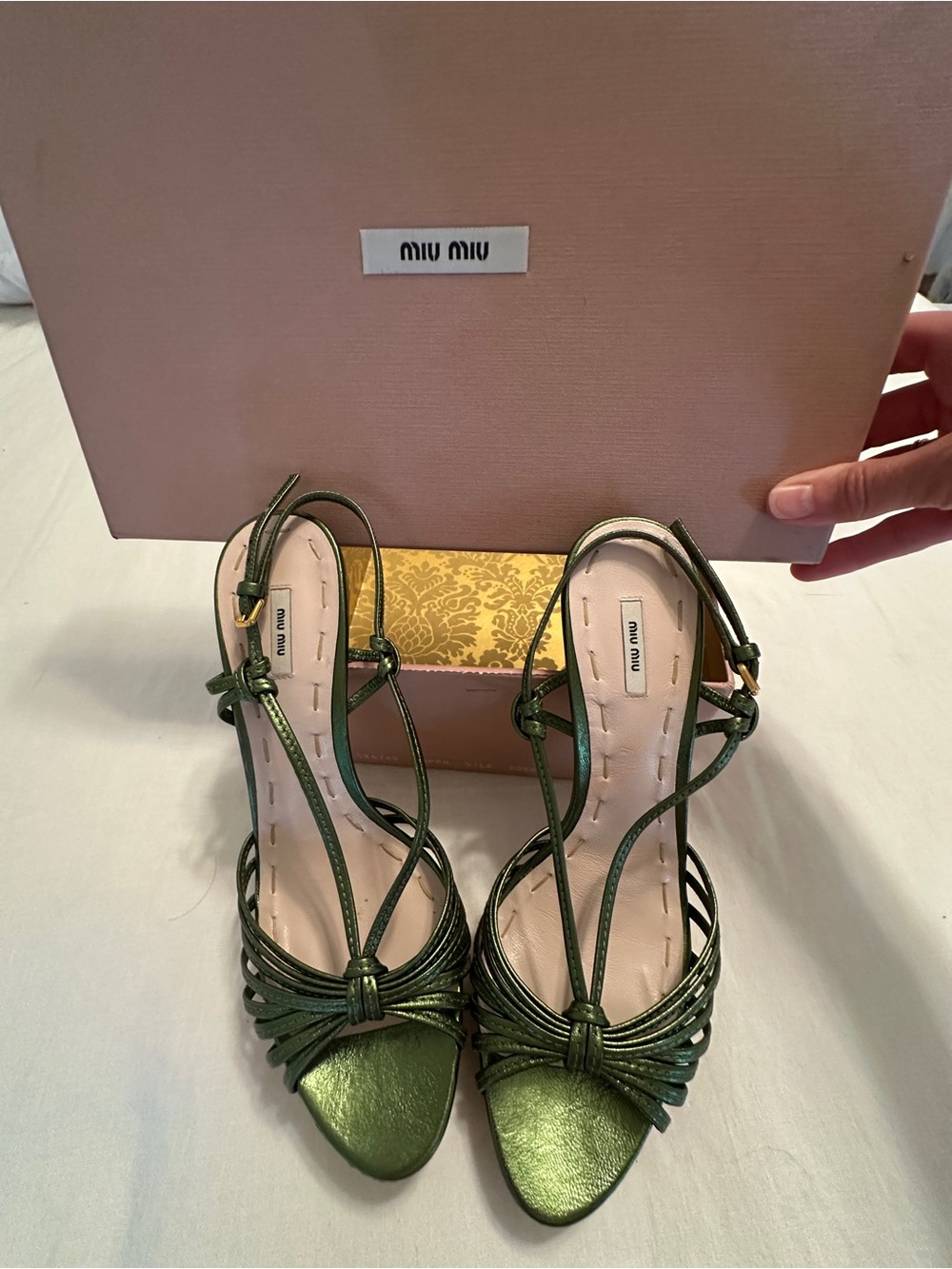 Miu Miu Metallic Olive Green Strappy Knot-Heel Sandals - Picture 2 of 8
